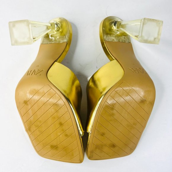 ZARA Gold Methacrylate High Heel Open Square Toe Mules 3805 010 091 - SZ 40 / 9 - Picture 4 of 5